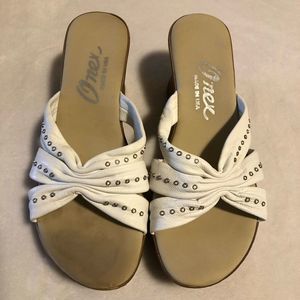 ONEX Jessica White Leather Platform Sandal w/ a Faux Wood Wedge • Made In The US